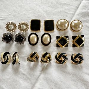 Vintage Gold Black Pearl Clip On Earrings 80’s 90’s Fashion Jewelry 9 Pairs